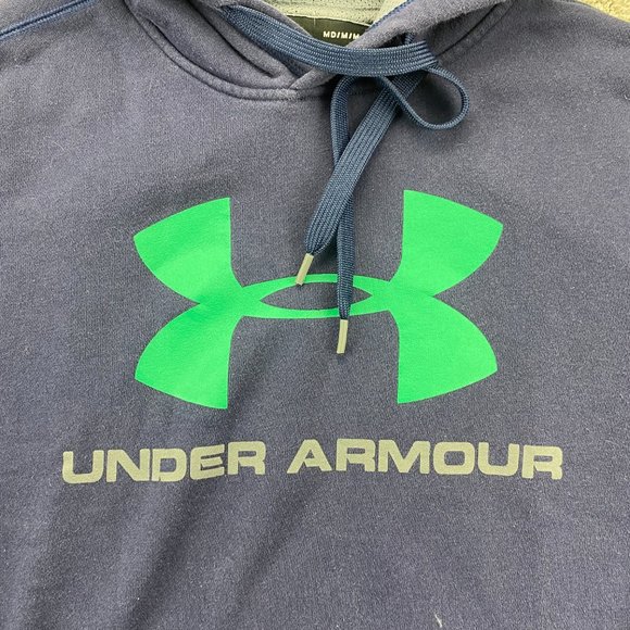 Under ARMOUR Sweater Men Medium M Navy Blue Green Logo Hoodie Spell Out Pullover - Picture 2 of 7